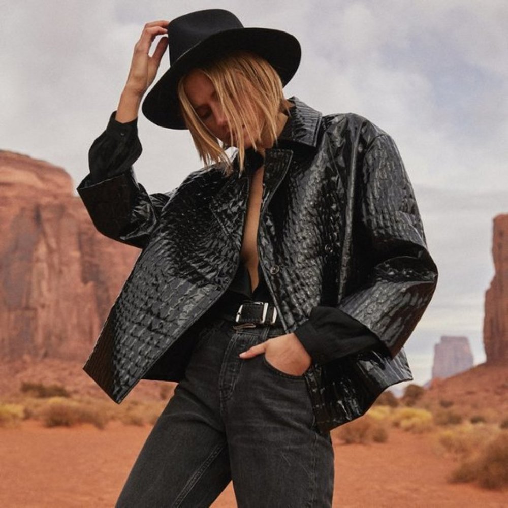 Anine Bing Black Croc-Texture Patent Jacket